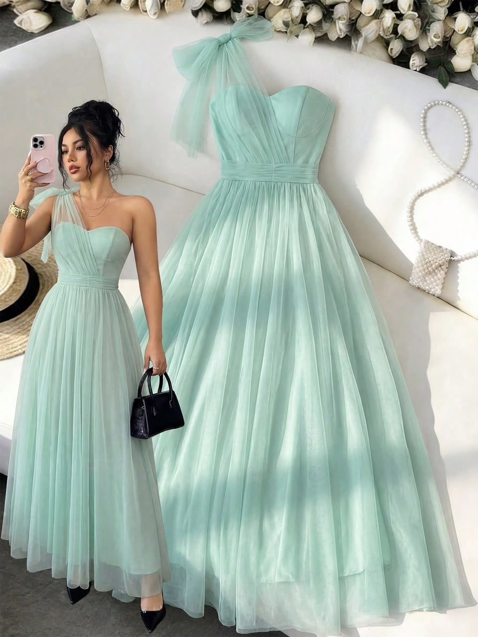 SHEIN Elenzya فستان أنيق رومانسي بدون أكمام من الشبك مع ربطة عنق وخصر مزين بفيونكة، مناسب للأعراس والحفلات والتجمعات