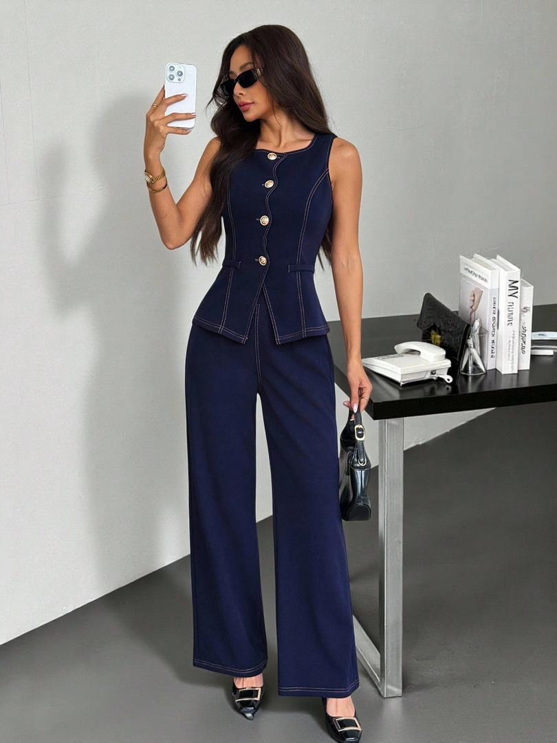 SHEIN PETITE طقم نسائي أنيق باللون الأزرق الداكن من قطعتين، سترة مكتبية أحادية الصدر وبنطال واسع الساق، ملابس خريفية من الدنيم الصناعي بدون أكمام مع كشكشة، إطلالة عمل راقية، للنساء الصغيرات