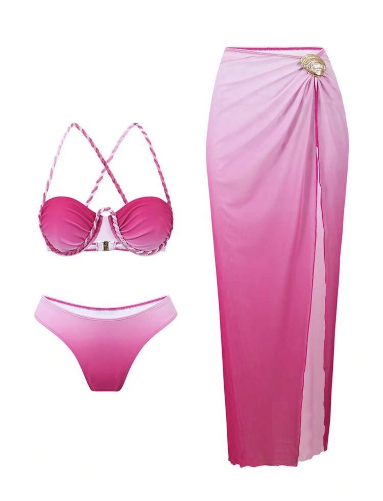 Swim SXY تنورة شبكية للشاطئ مع حبال مضفرة، طباعة تدرجية، ملابس عطلة صيفية مريحة، مجموعة من 3 قطع بما في ذلك ملابس السباحة للنساء