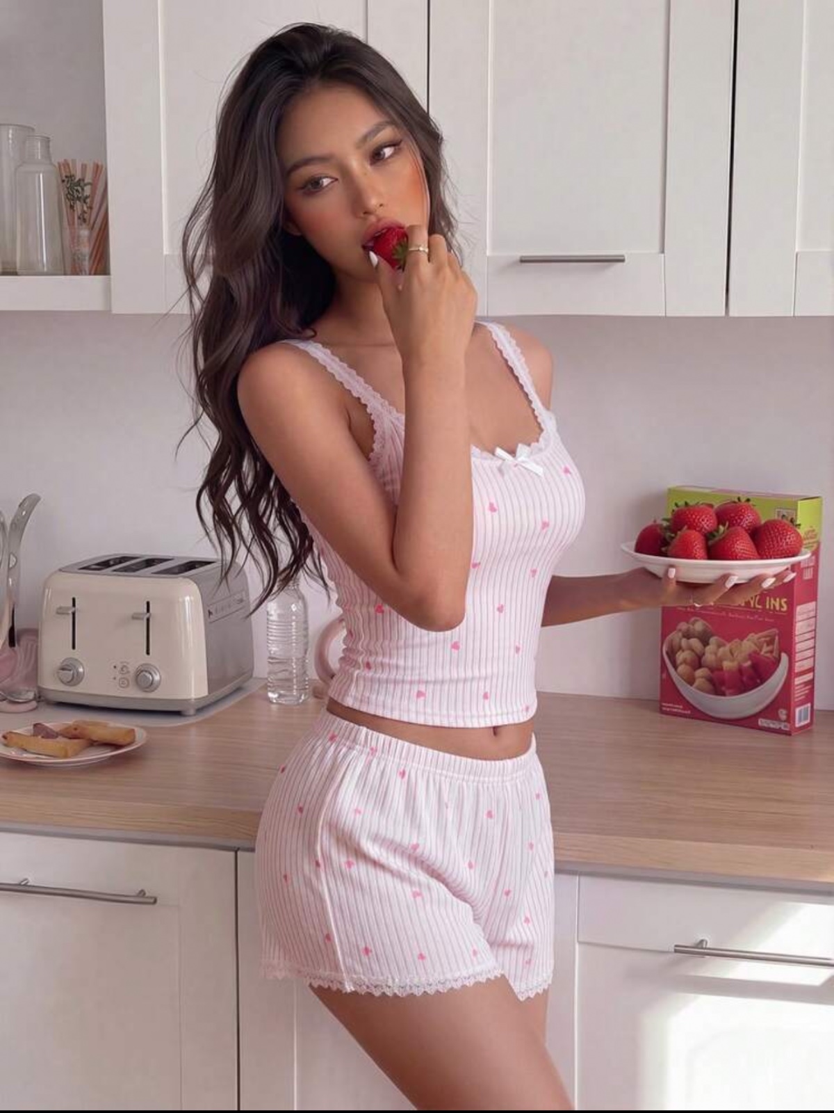 بيجاما شورت بنقشة قلوب مزينة بدانتيل