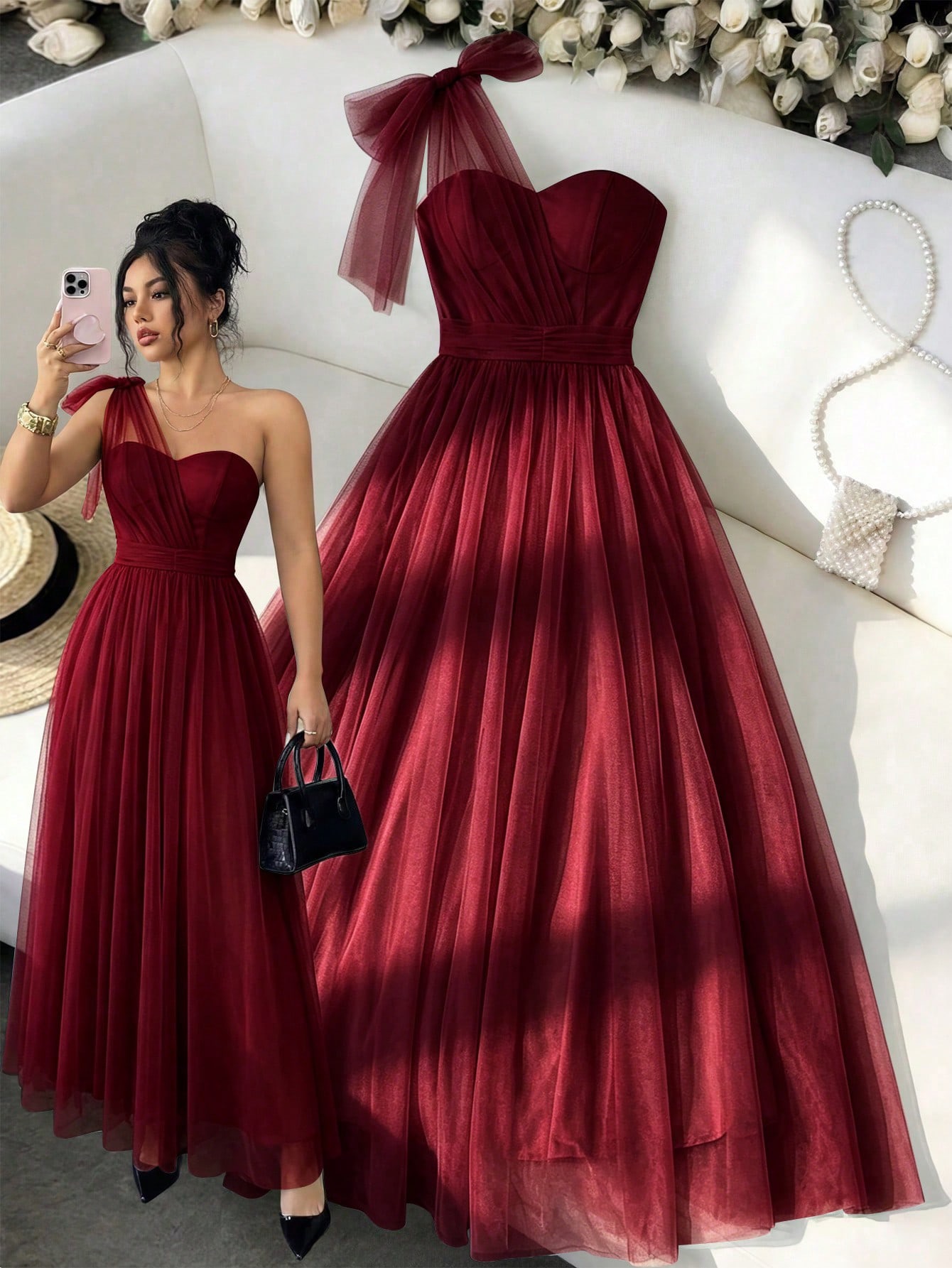SHEIN Elenzya فستان أنيق رومانسي بدون أكمام من الشبك مع ربطة عنق وخصر مزين بفيونكة، مناسب للأعراس والحفلات والتجمعات