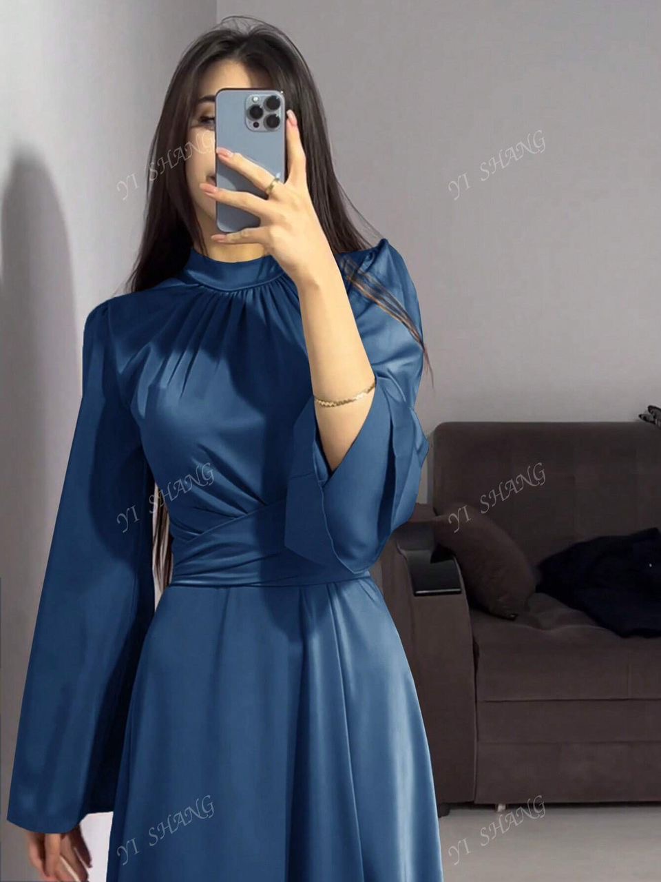 فستان أنيق طويل الأكمام بأكمام واسعة وحزام، من القماش الساتان ذو لون أحادي، ذو رقبة دائرية، مناسب للربيع والخريف وعيد الفطر